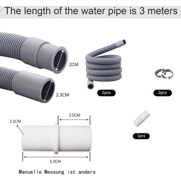 3m oppvaskmaskinslangeforlenger - Universal - 2,3 cm indre diameter - Hvit adapter inkludert
