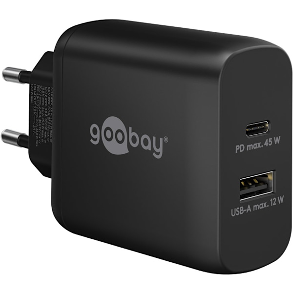 USB-C™ PD GaN dobbelt hurtigoplader (45 W) sort