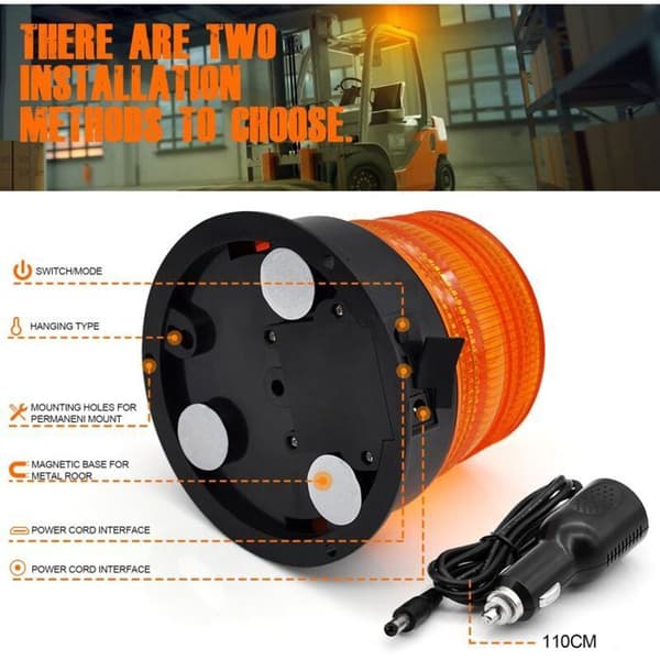 Oppladbar trådløs LED-varsellampe - 12V-24V - Oransje - Strobelys - Magnetisk base