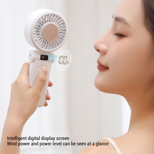 Bærbar genopladelig personlig ventilator, digitalt display, støjsvag drift, foldbart design - hvid