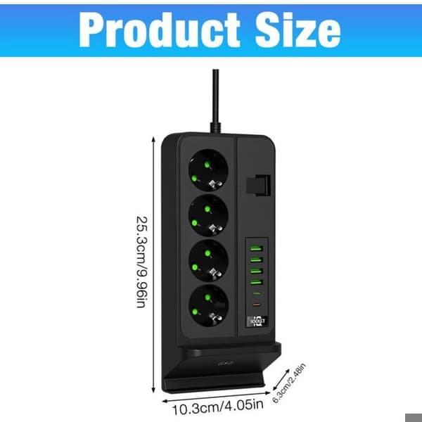 11-i-1 strømskinne - 4 uttak - 6 USB-porter - 2m kabel