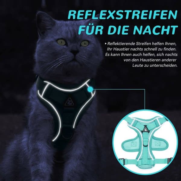 Kattesele - Anti-udbrud - Justerbar - Mintgrøn - Størrelse S (Bryst: 34-40cm, Længde: 1,5m)