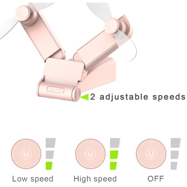 Bærbar USB-blæser, dobbelt hoved, foldbar, mini, ManoMano, pink, ABS, 97g, 103x44x36mm, 1 stk., foldbart design