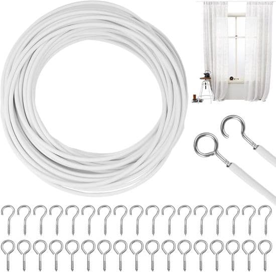 Gardinbånd 10M Hvit Kabel - 25 Øyebolter - 25 Skrukroker