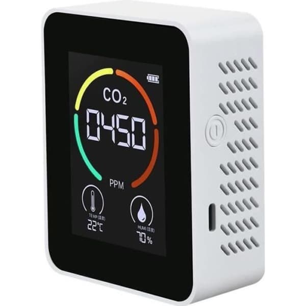 Hjemme luftkvalitetsdetektor Multifunksjonell CO2-temperatur-fuktighetsmonitor PPM TVOC-sensor Hvit