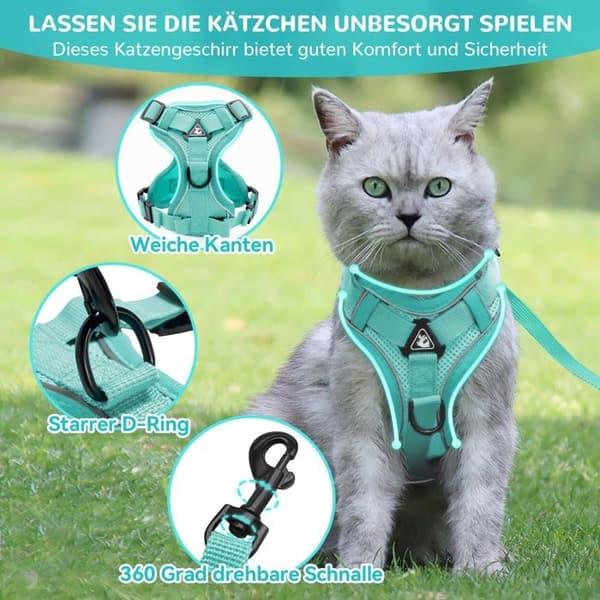 Kattesele - Anti-udbrud - Justerbar - Mintgrøn - Størrelse S (Bryst: 34-40cm, Længde: 1,5m)
