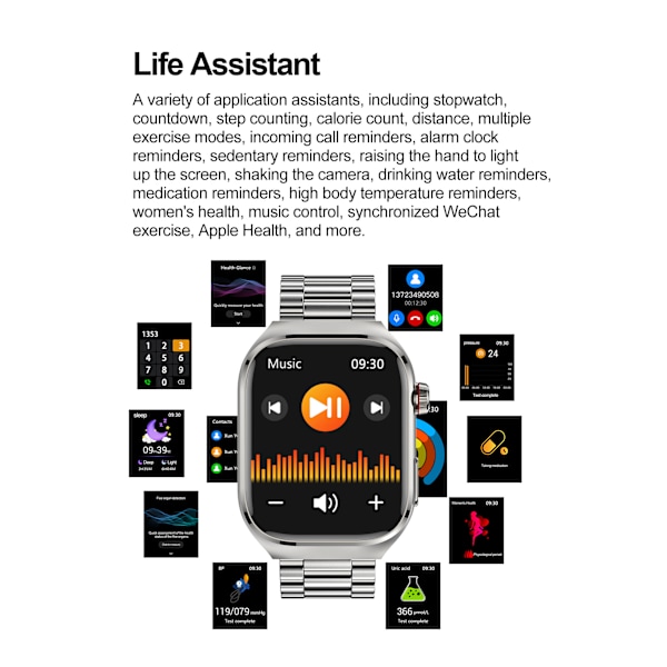 Smartwatch EKG, puls, blodtryk, søvn, skridttæller Sort