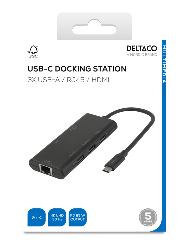 USB-C dokkingstasjon, enkel, 1x HDMI, 3x USB-A, RJ45