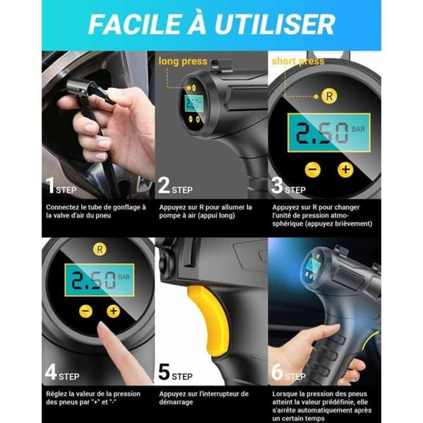 12V oppladbar bærbar luftkompressor - trådløs - LCD-skjerm - 3 dyser