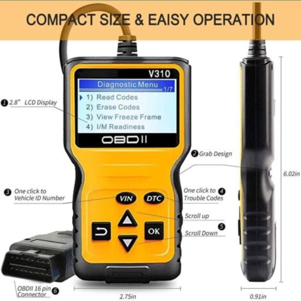 OBD2 Universal Scanner OBD II Scanner Automotive Engine Fault Code Reader CAN Diagnostic Analysis Tool til OBDII Protokol Biler siden 1996 (Gul)