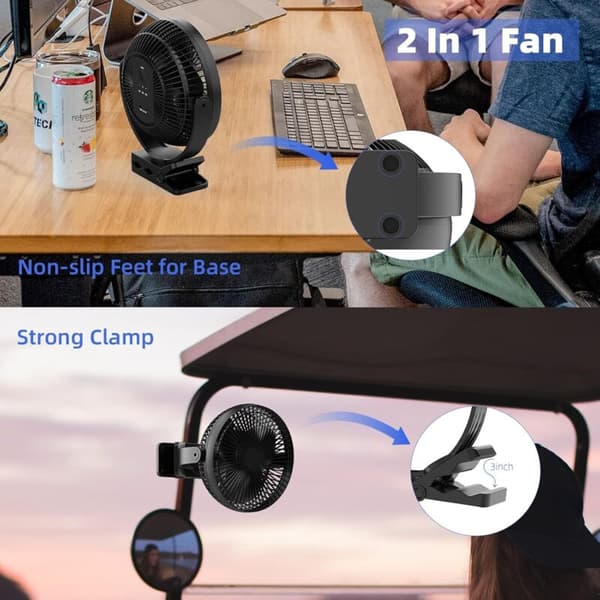 20 cm USB-klemmeventilator, genopladelig, 720° rotation, 4 blæserhastigheder, bærbar - sort