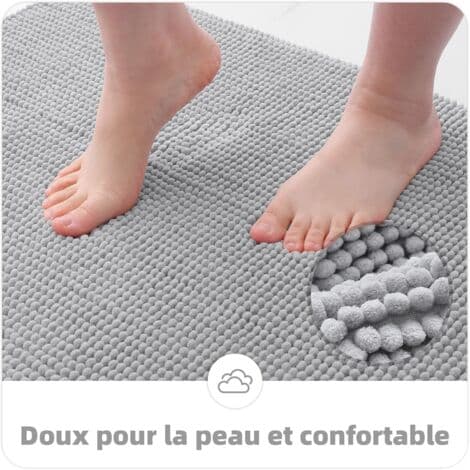 Chenille bademåtte - Skridsikker - Blød - Absorberende - Vaskbar - Til badeværelse - 50 x 80 cm - Lysegrå