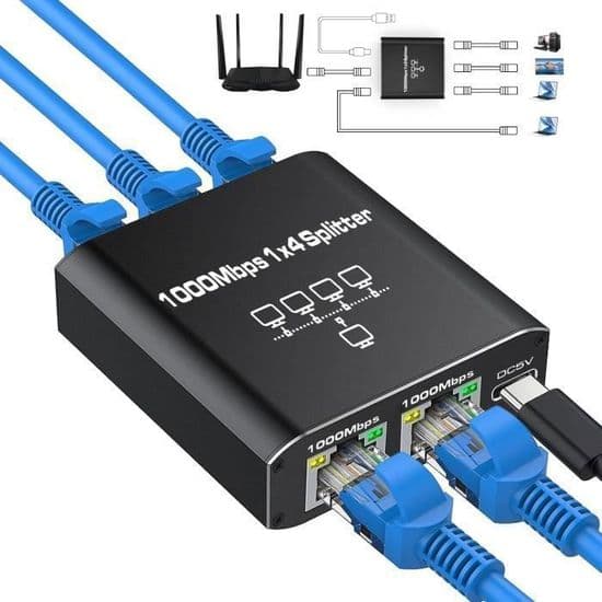 RJ45 Ethernet-switch, 1 til 4 LAN-splitter, 1000 Mbps, 4-ports LAN-switch til computere, routere, set-top-bokse og fjernsyn