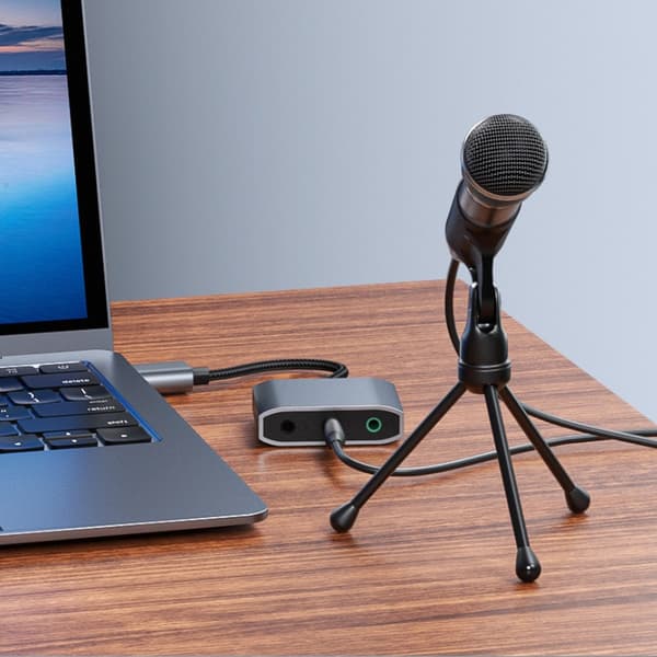 USB Dual Port External Sound Card Audio Cable for PC, Laptop - Silver, Compatible with Windows and macOS