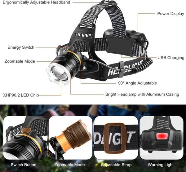 Oppladbar LED-hodelykt, supersterk, 50 000 lumen, 4 LED-moduser, sensor og rødt lys, 5200 mAh