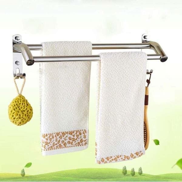 Dobbelt veggmontert håndklestativ 60 cm - Krom - SUS304 rustfritt stål - Integrerte kroker