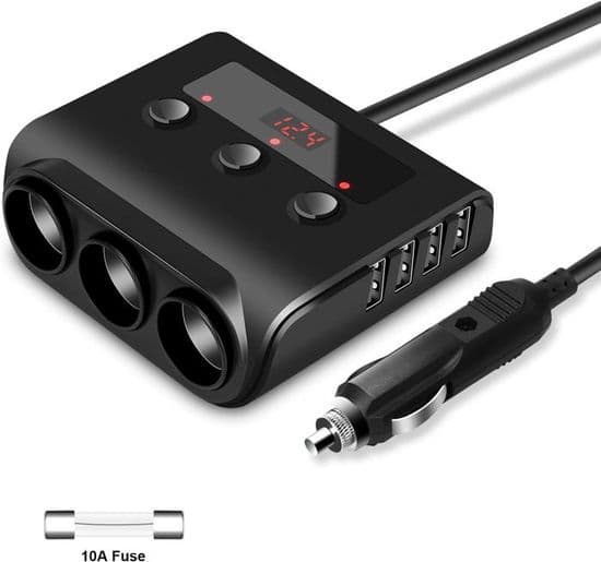 100W USB billader, hurtigladende billaderadapter, 3-uttaks billaderfordeler 110W 4 USB-porter og strømbryter