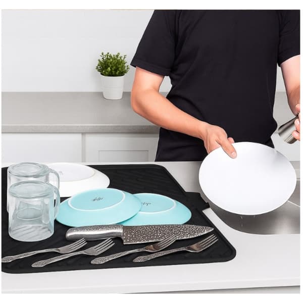 Silicone Dish Drying Mat with Slope - Kitchen Countertop Drain Board, Efficient Water Drainage and Quick Drying Black Black