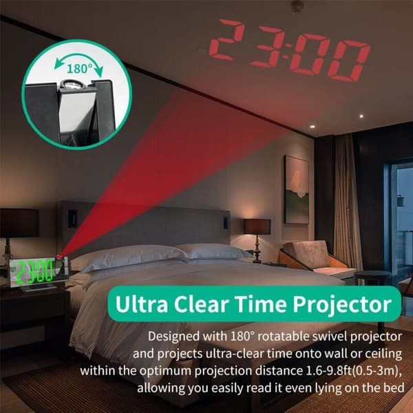 Digitaalinen herätyskello - LED-malli - 180° projektio - Peilinäyttö - USB & Torkku