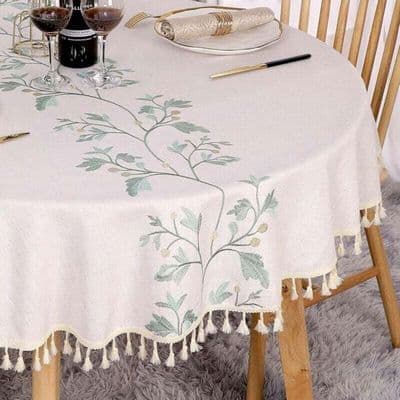 Rund duk i linne och bomull 140 cm - Beige - Fläckresistent - Broderade gröna blad - Dekorativa tofsar