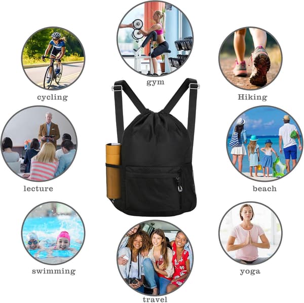 Lightweight Drawstring Backpack with Water Bottle Holder and Pockets, Gym Sport Cinch Sackpack (Black)