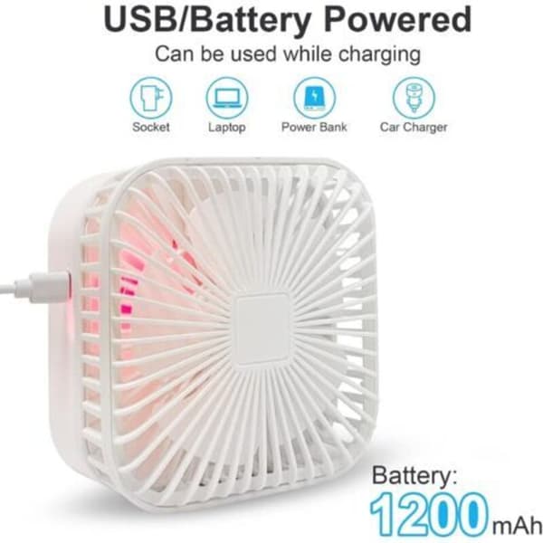 Mini bærbar ventilator. Genopladelig bordventilator. Tre ventilatorhastigheder - hvid.