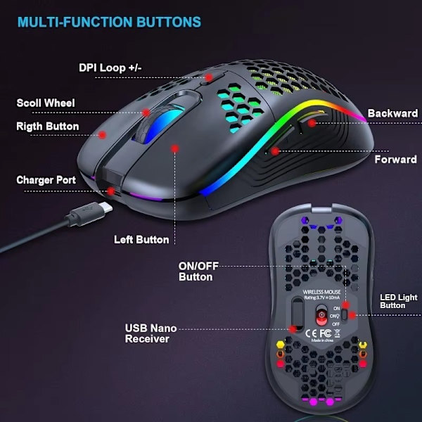 2.4G Wireless Rechargeable Illuminated Mouse - Adjustable DPI, Ergonomic Design, Compatible with Windows & MAC Black White
