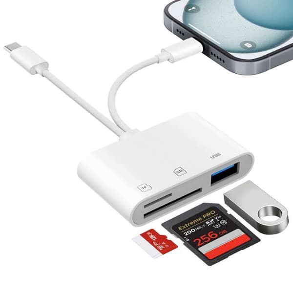 SD-kortleser for iPhone, Lightning USB C SD-kortadapter for SD/Micro SD/USB, SD-adapter for iPhone 16/15, iPad