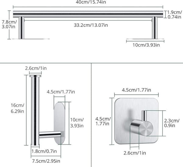 5-delt selvklebende badehåndklestativ i 304 rustfritt stål, ingen boring nødvendig, 40 cm