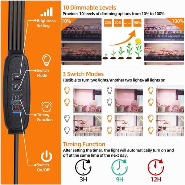 4-delt LED-plantelyssæt, med 3/9/12 timers timer, til frøplanter, sukkulenter og blomstrende planter