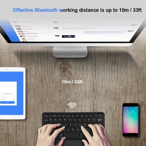 Litet Bluetooth-tangentbord, ultratunt mini trådlöst tangentbord med pekplatta för Android surfplatta PC under Windows, lagring och
