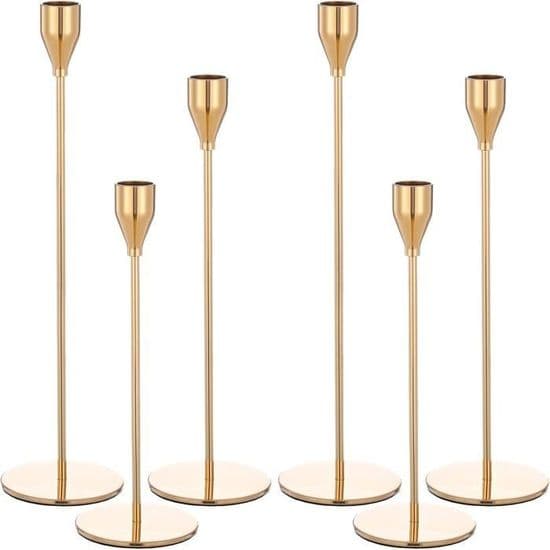 Sett med 6 gull lysestaker, 33/29/24 cm, 3/4\" koniske lys, til bryllup og fester