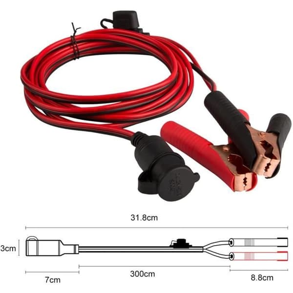 Cigarettändaradapter med 2 krokodilklämmor - 12V/24V - Förlängningskabel - Säkringar ingår