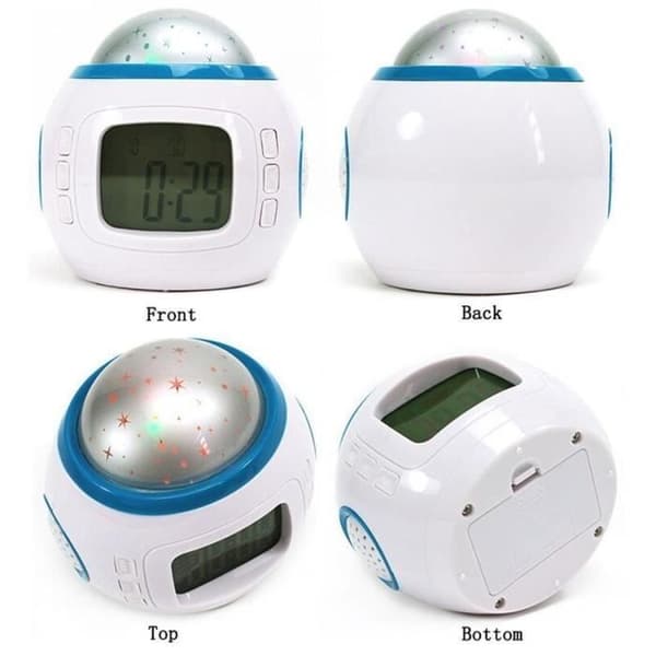 Vekkerklokke med projeksjon, musikk, stjernehimmel, kalender, termometer, LED-display, alarm og slumrefunksjon.