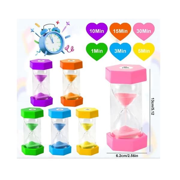 Farverig timeglas-timer, 6 stk. timeglas-sandur-timere, farverige timeglas til børn (1/3/5/10/15/30 min)