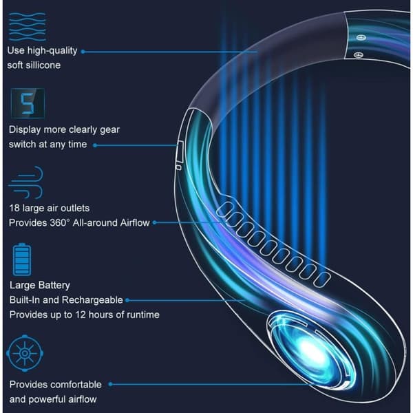 Blå bærbar bladløs halsventilator. 5-trins digitalt display. USB genopladelig.