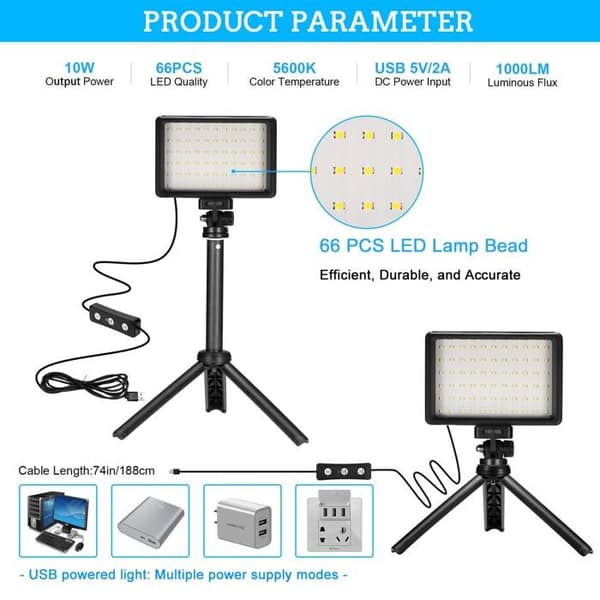 2-pak LED-videolys, 5600K dæmpbart USB LED-videopanel med ministativ og farvefiltre