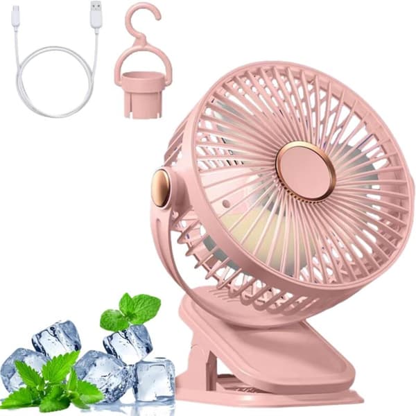 Mini USB-blæser, støjsvag, 5 hastigheder. 360° rotation. Lille bordventilator. Ophæng – Pink.