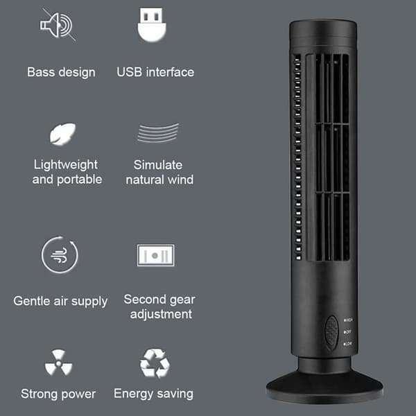 Støjsvag bladløs USB-piedestalventilator til lodret klimaanlæg, sort (10*10*38CM)