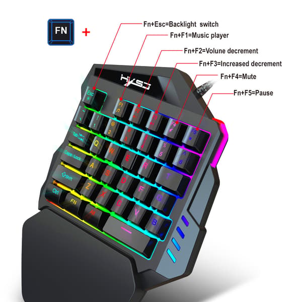 One-Handed Gaming Keyboard, Mouse, RGB Backlit Wrist Rest