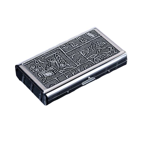 Bærbart cigaretetui i læder - Sølv egyptisk design, rummer tykke, medium og slanke cigaretter