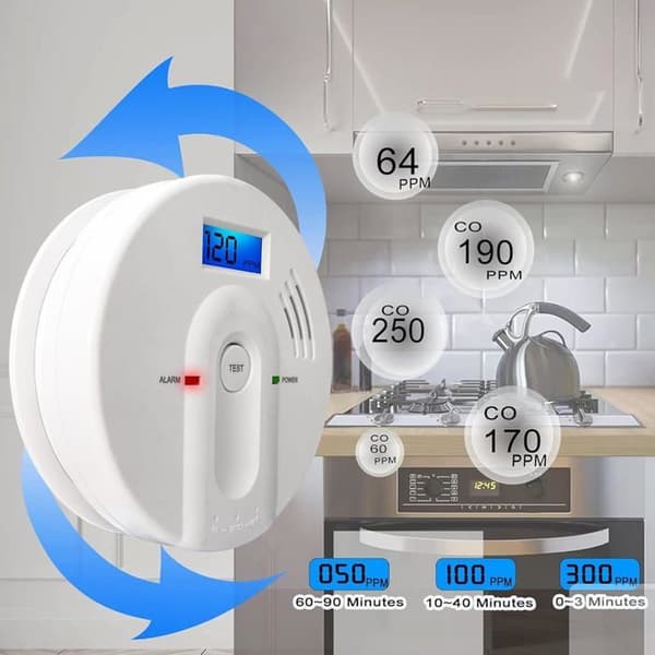 Kolmonoxiddetektorer med digital LCD-display och hörbart larm, CO-larmmonitor EN 50291, AA-batteri ingår ej