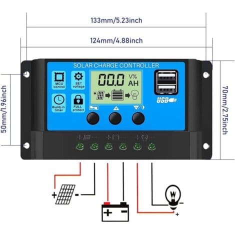 Solpanelsladdningsregulator, 12V/24V, 30A, LCD-skärm, dubbla USB-portar