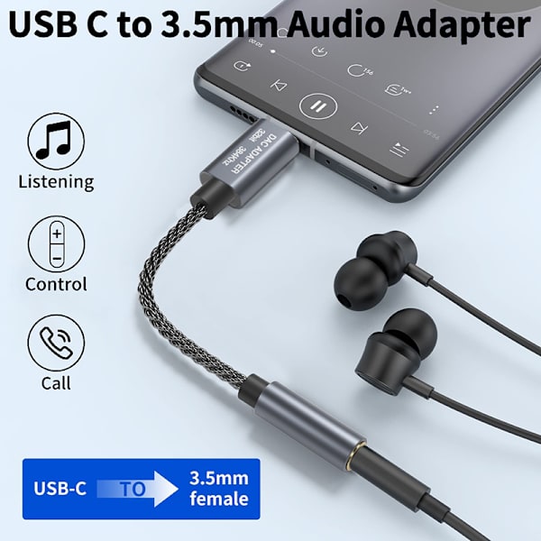 32bit / 384kHz USB-C to 3.5mm Audio Adapter Cable DAC Adapter Grey