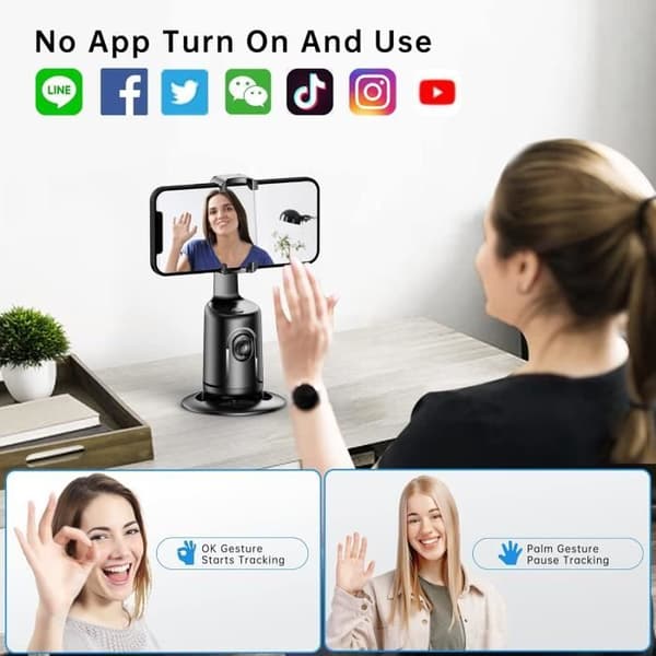 Telefonholder med automatisk ansigtssporing, 360° hurtig rotation, Gimbal-stabilisator til iPhone eller Android - Sort