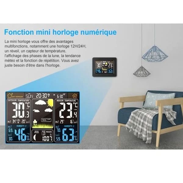 Vejrstation - Digitalt ur - Udendørs sensor - Farve LCD-skærm - Barometerfunktion