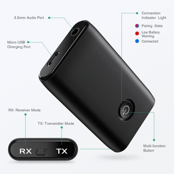 2-in-1 Bluetooth-lähetin ja -vastaanotin, Bluetooth 5.0 - 250 mAh - 10m kantama - CVC