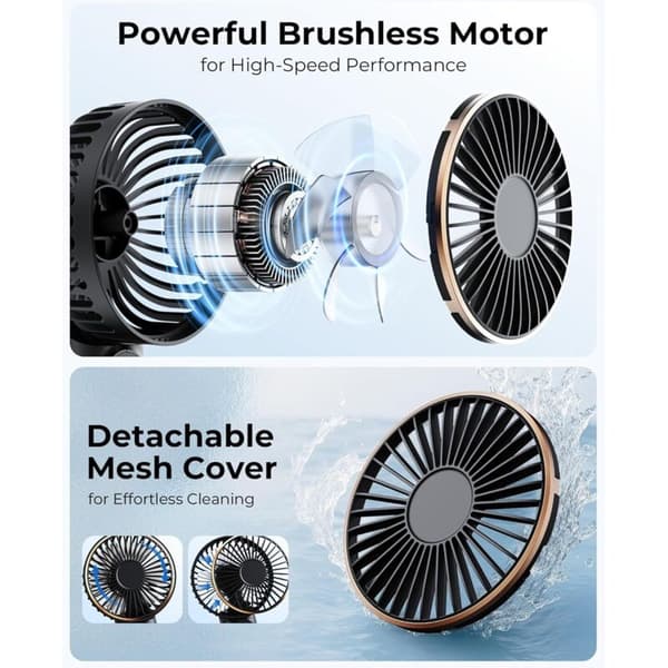 Bærbar ventilator. Genopladelig ventilator. 3600 mAh batteri. 180° justerbar. 6 blæserhastigheder.