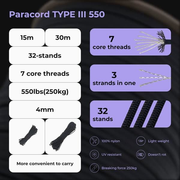 4 mm polyester paracord, rivebestandig fallskjermtau for overlevelse, 100 % polyester med 7 tråder, ensfargede