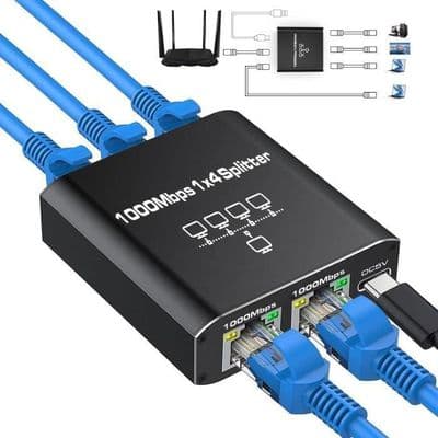 RJ45 Ethernet-switch, 1 til 4 LAN-splitter, 1000 Mbps, 4-ports LAN-switch til computere, routere, set-top-bokse og fjernsyn